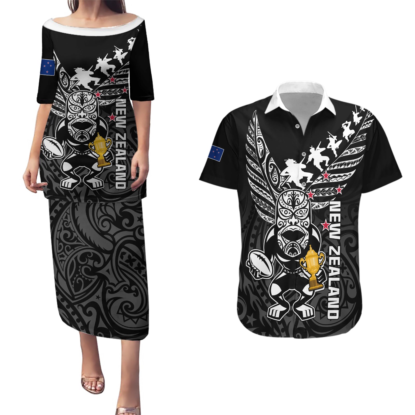 Custom New Zealand Silver Fern Rugby Couples Matching Puletasi Dress and Hawaiian Shirt Aotearoa Champion 2023 World Cup LT01 Black - Polynesian Pride