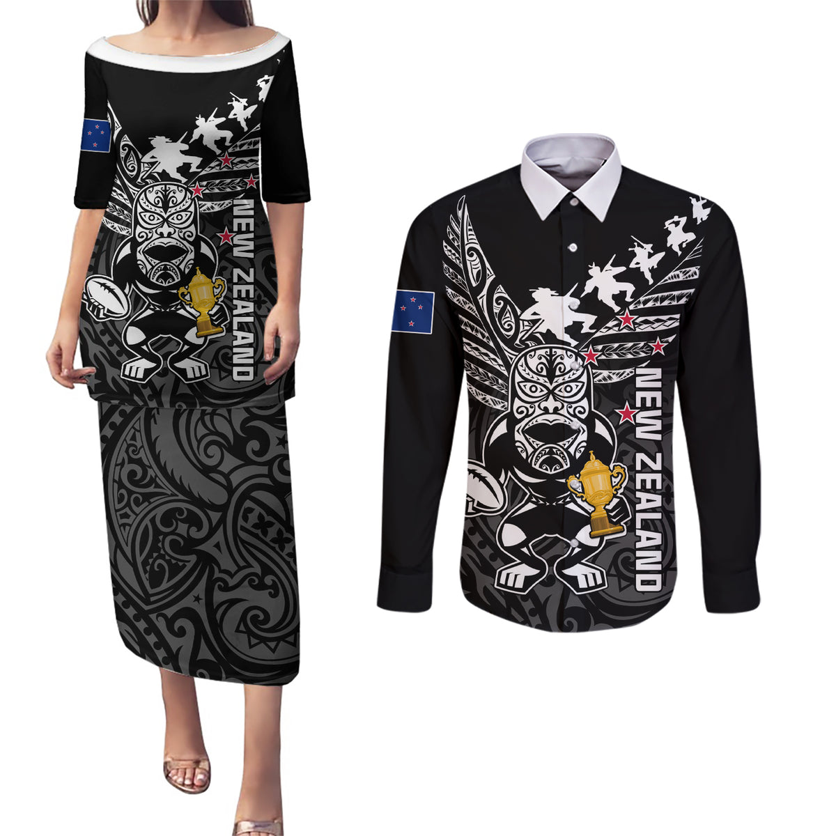 Custom New Zealand Silver Fern Rugby Couples Matching Puletasi Dress and Long Sleeve Button Shirt Aotearoa Champion 2023 World Cup LT01 Black - Polynesian Pride