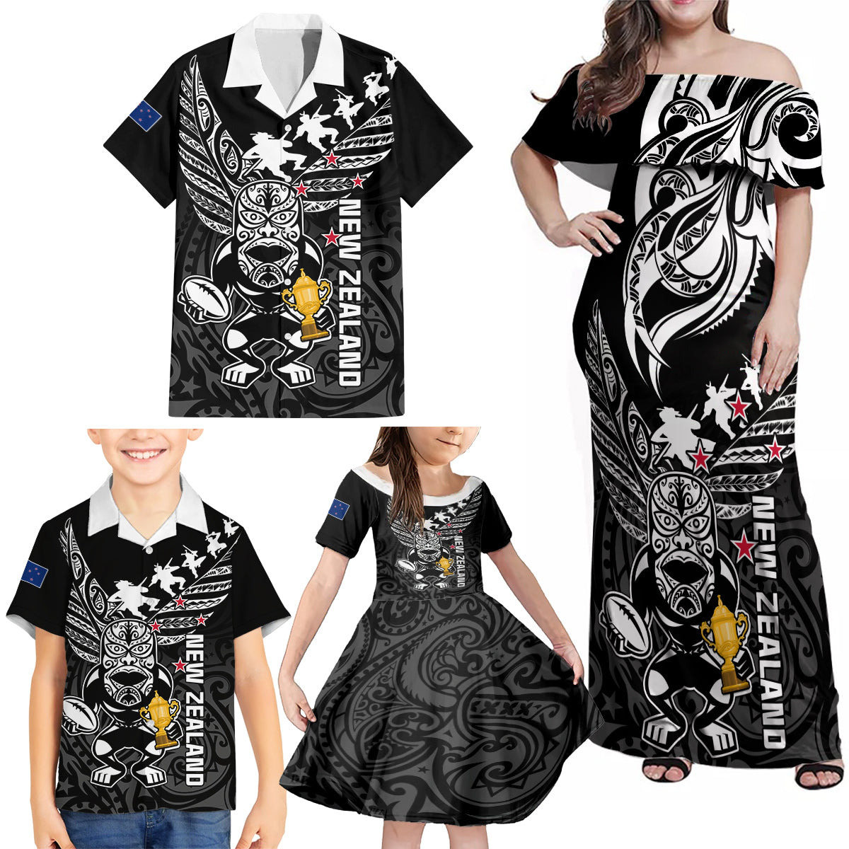 Custom New Zealand Silver Fern Rugby Family Matching Off Shoulder Maxi Dress and Hawaiian Shirt Aotearoa Champion 2023 World Cup LT01 - Polynesian Pride