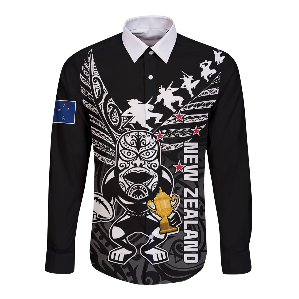 Custom New Zealand Silver Fern Rugby Long Sleeve Button Shirt Aotearoa Champion 2023 World Cup LT01 Unisex Black - Polynesian Pride