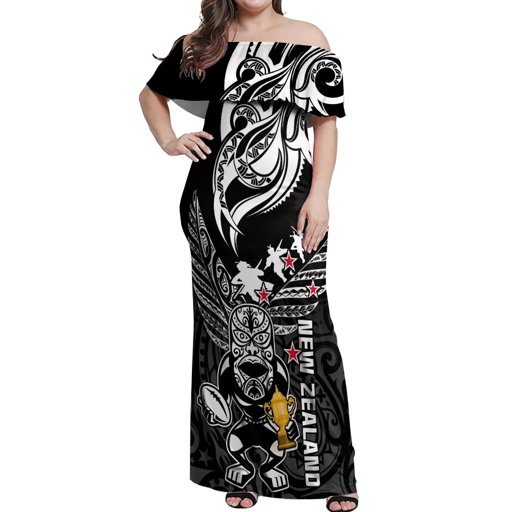 Custom New Zealand Silver Fern Rugby Off Shoulder Maxi Dress Aotearoa Champion 2023 World Cup LT01 Women Black - Polynesian Pride