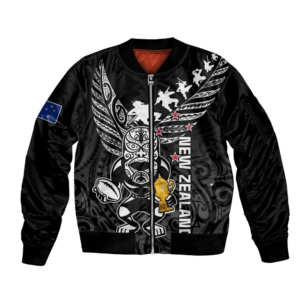Custom New Zealand Silver Fern Rugby Sleeve Zip Bomber Jacket Aotearoa Champion 2023 World Cup LT01 Unisex Black - Polynesian Pride