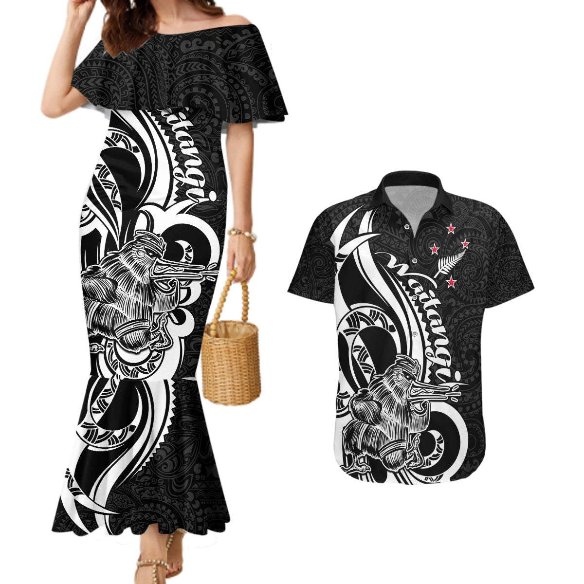 New Zealand Waitangi Day Couples Matching Mermaid Dress and Hawaiian Shirt Aotearoa Te Tiriti O Waitangi Kiwi Black Version LT01 Black - Polynesian Pride