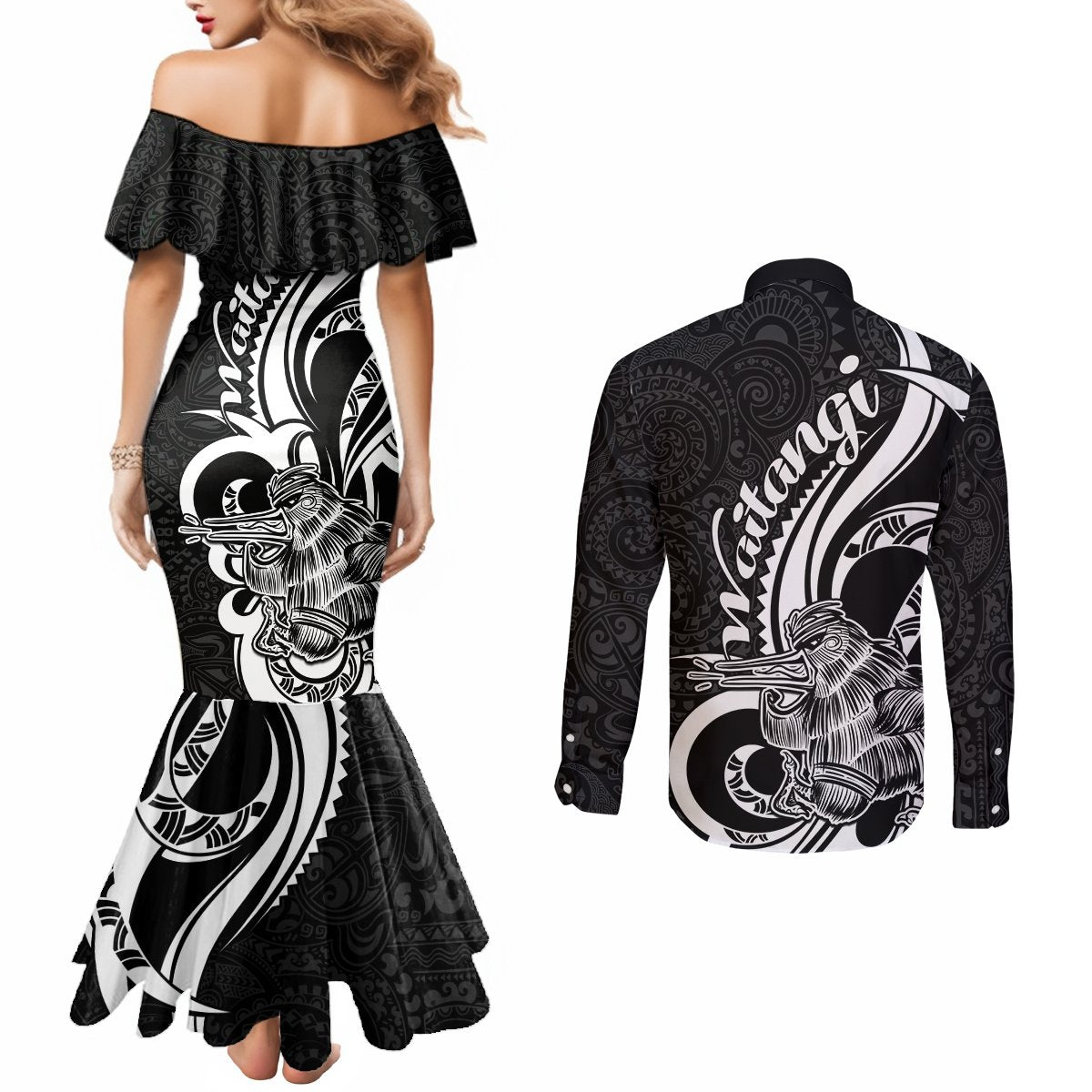 New Zealand Waitangi Day Couples Matching Mermaid Dress and Long Sleeve Button Shirt Aotearoa Te Tiriti O Waitangi Kiwi Black Version LT01 - Polynesian Pride