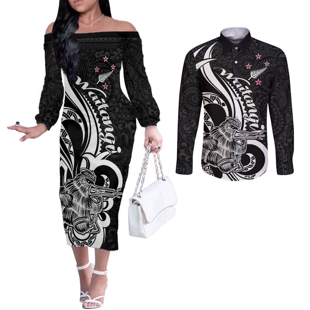 New Zealand Waitangi Day Couples Matching Off The Shoulder Long Sleeve Dress and Long Sleeve Button Shirt Aotearoa Te Tiriti O Waitangi Kiwi Black Version LT01 Black - Polynesian Pride