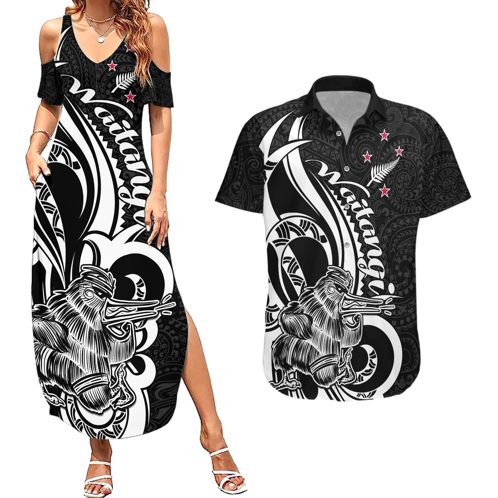 New Zealand Waitangi Day Couples Matching Summer Maxi Dress and Hawaiian Shirt Aotearoa Te Tiriti O Waitangi Kiwi Black Version LT01 Black - Polynesian Pride