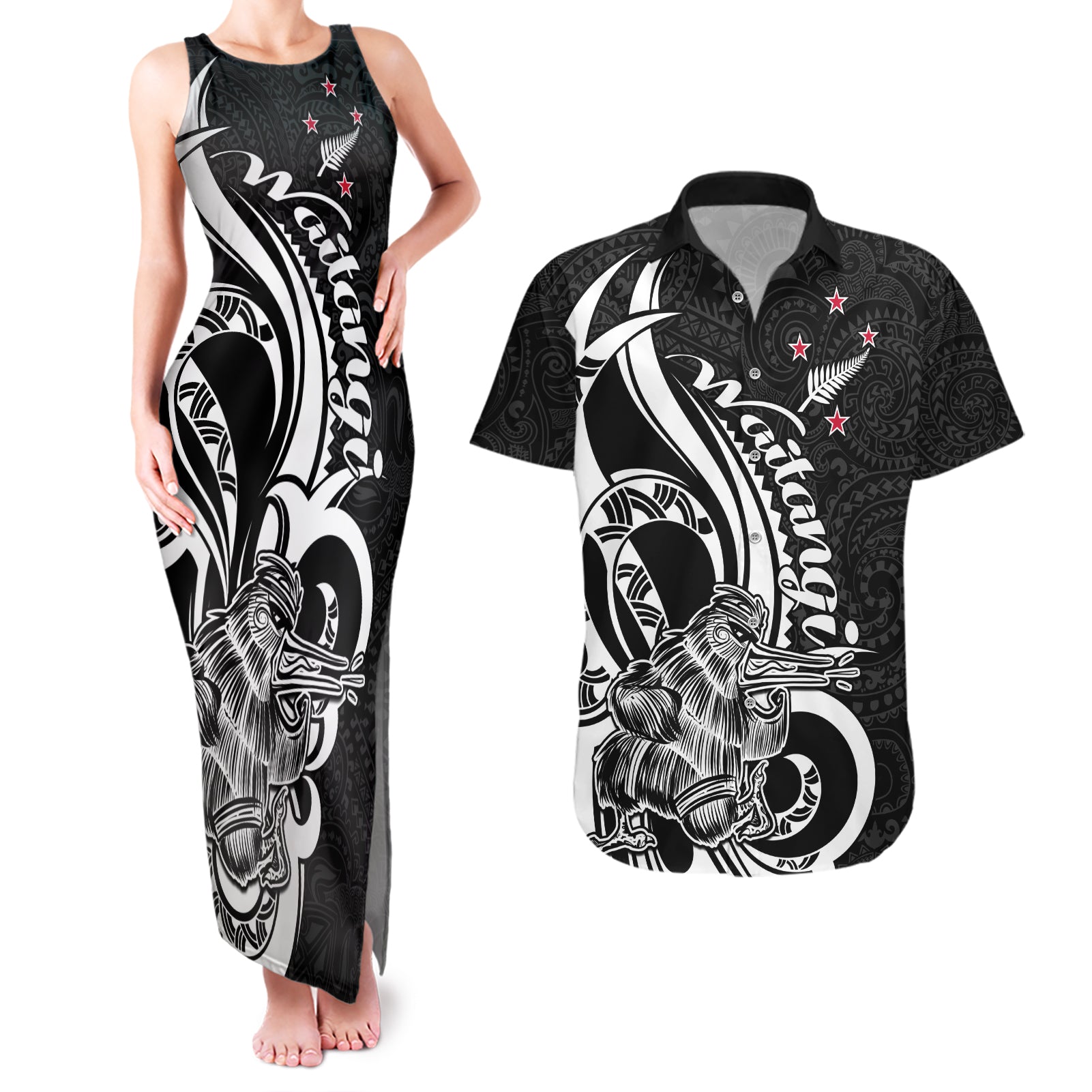 New Zealand Waitangi Day Couples Matching Tank Maxi Dress and Hawaiian Shirt Aotearoa Te Tiriti O Waitangi Kiwi Black Version LT01 Black - Polynesian Pride