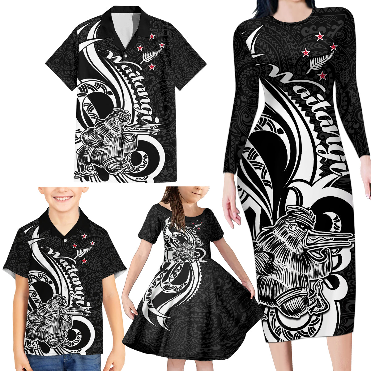 New Zealand Waitangi Day Family Matching Long Sleeve Bodycon Dress and Hawaiian Shirt Aotearoa Te Tiriti O Waitangi Kiwi Black Version LT01 - Polynesian Pride