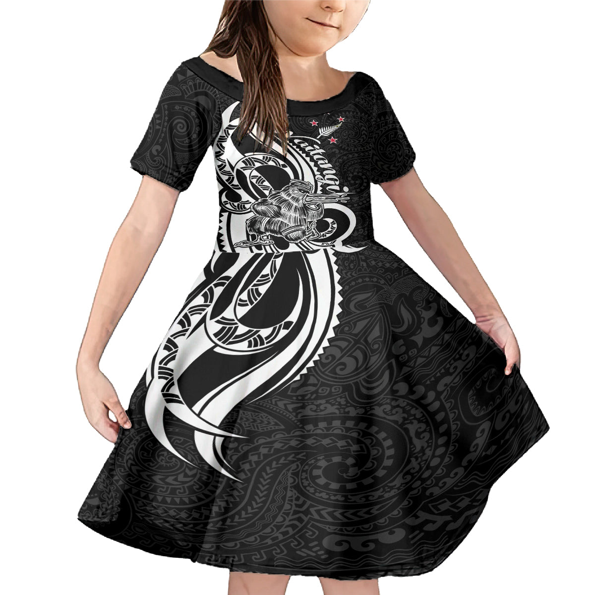 New Zealand Waitangi Day Family Matching Mermaid Dress and Hawaiian Shirt Aotearoa Te Tiriti O Waitangi Kiwi Black Version LT01 Daughter's Dress Black - Polynesian Pride