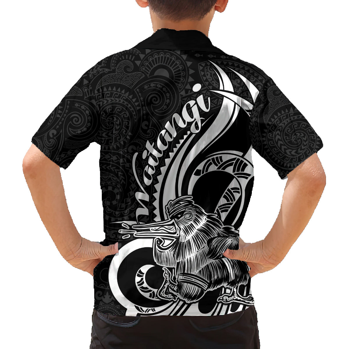 New Zealand Waitangi Day Family Matching Off Shoulder Short Dress and Hawaiian Shirt Aotearoa Te Tiriti O Waitangi Kiwi Black Version LT01 - Polynesian Pride