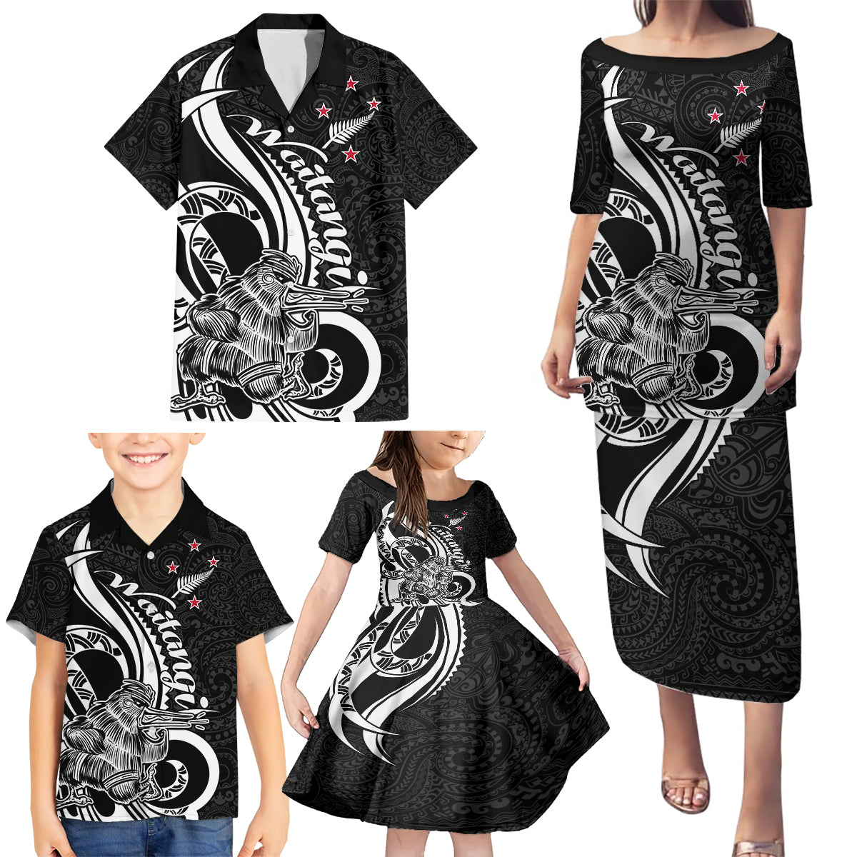 New Zealand Waitangi Day Family Matching Puletasi Dress and Hawaiian Shirt Aotearoa Te Tiriti O Waitangi Kiwi Black Version LT01 - Polynesian Pride