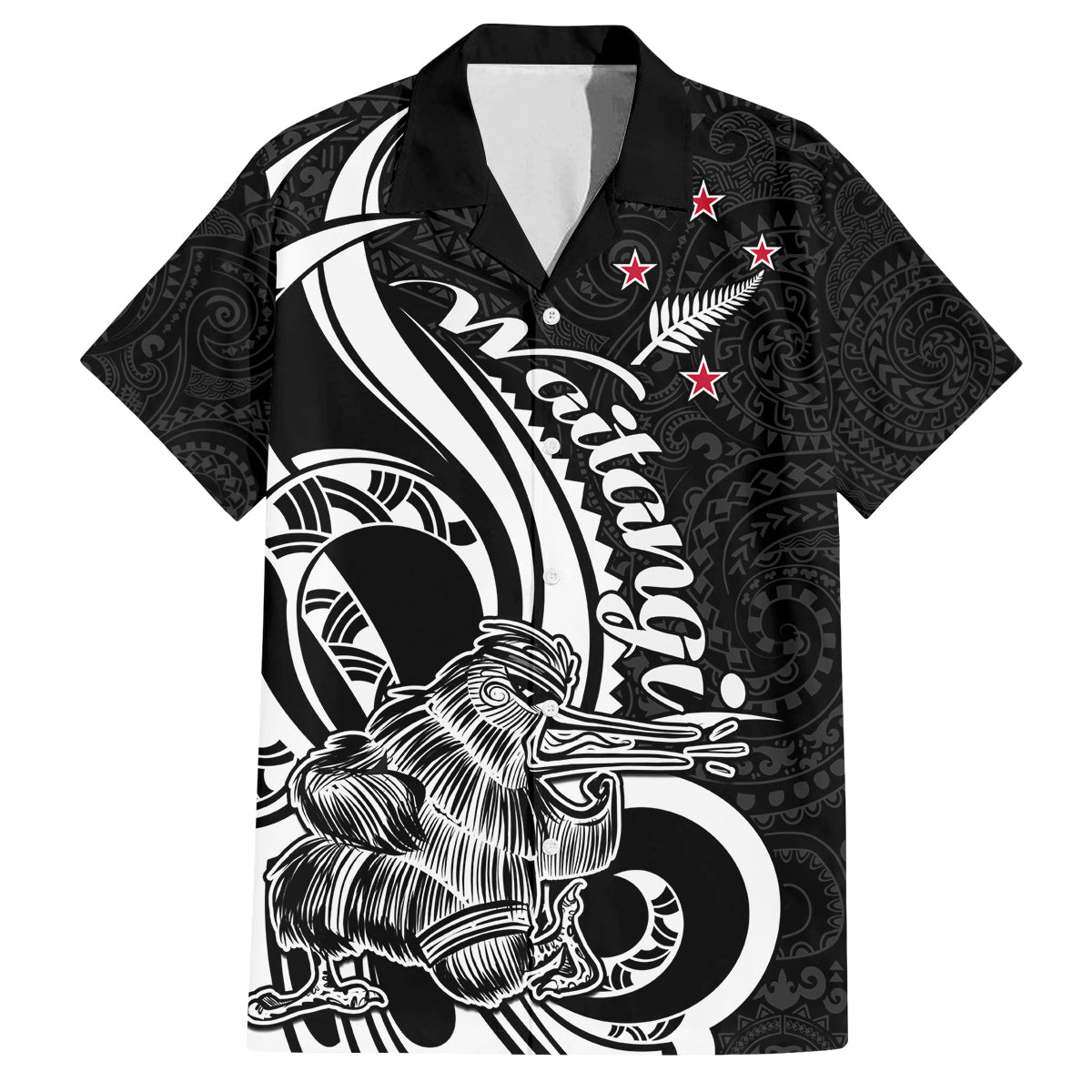 New Zealand Waitangi Day Family Matching Puletasi Dress and Hawaiian Shirt Aotearoa Te Tiriti O Waitangi Kiwi Black Version LT01 Dad's Shirt - Short Sleeve Black - Polynesian Pride
