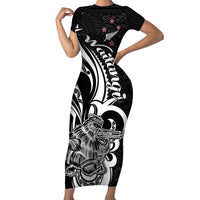 New Zealand Waitangi Day Short Sleeve Bodycon Dress Aotearoa Te Tiriti O Waitangi Kiwi Black Version LT01 Long Dress Black - Polynesian Pride