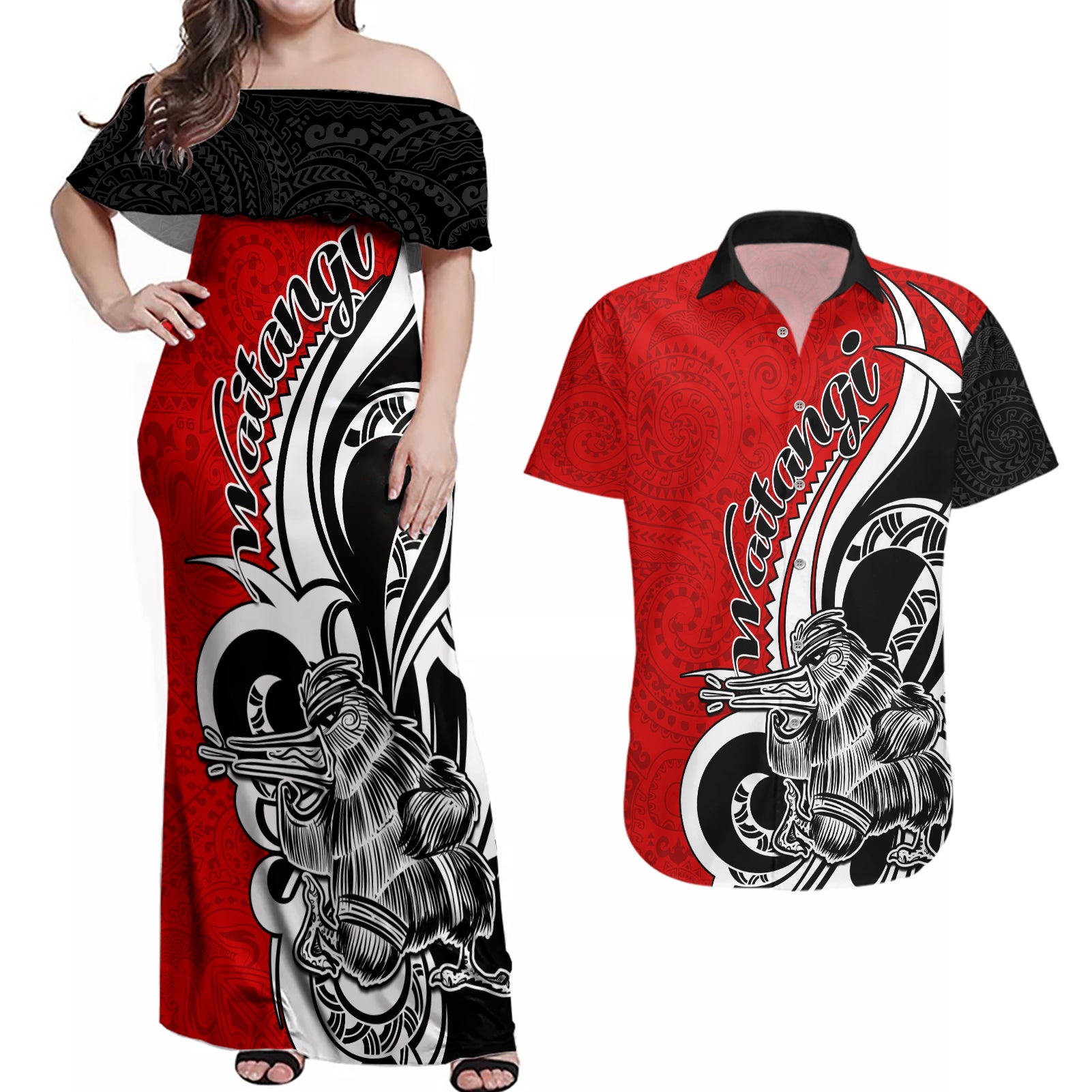 New Zealand Waitangi Day Couples Matching Off Shoulder Maxi Dress and Hawaiian Shirt Aotearoa Te Tiriti O Waitangi Kiwi Red Version LT01 Red - Polynesian Pride