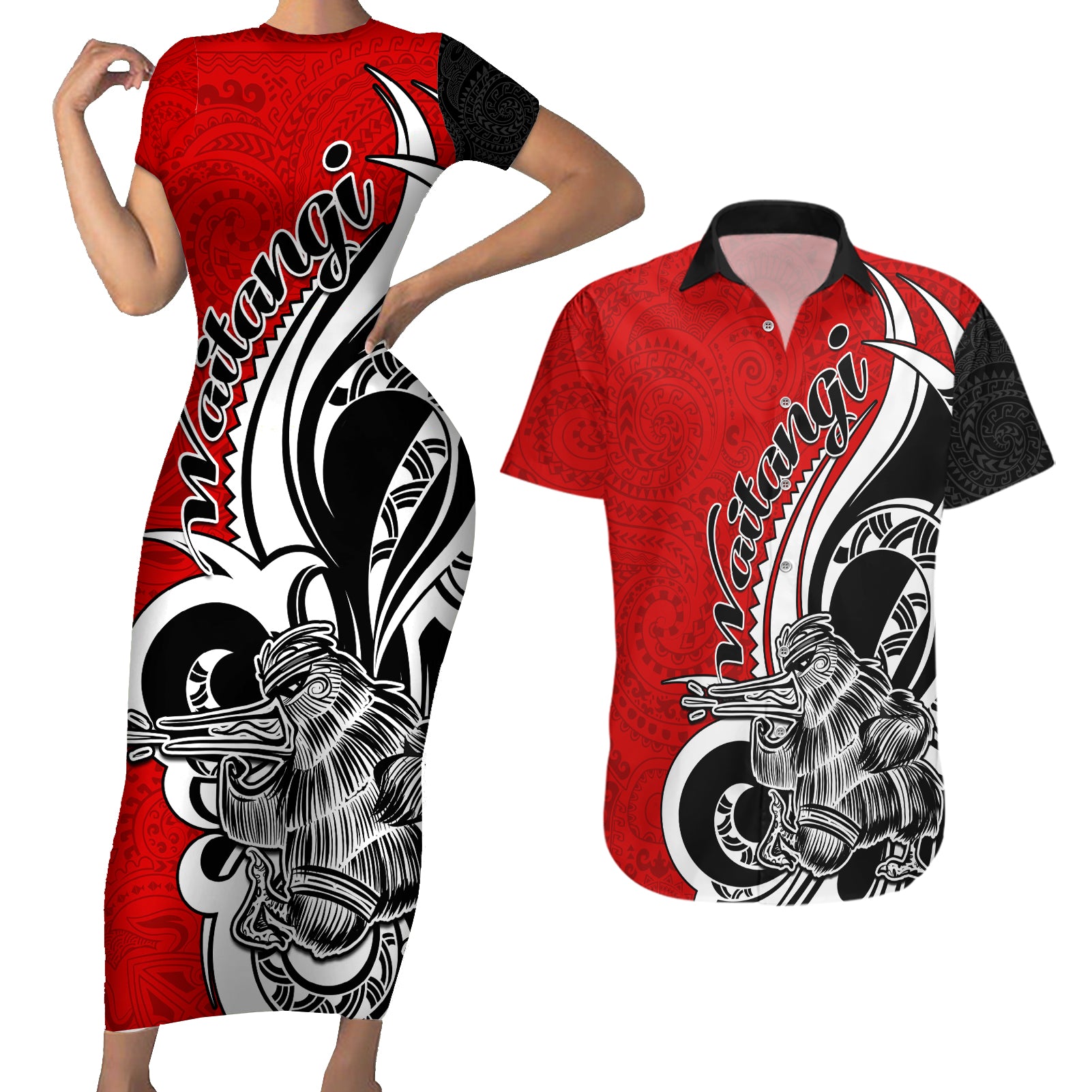 New Zealand Waitangi Day Couples Matching Short Sleeve Bodycon Dress and Hawaiian Shirt Aotearoa Te Tiriti O Waitangi Kiwi Red Version LT01 Red - Polynesian Pride