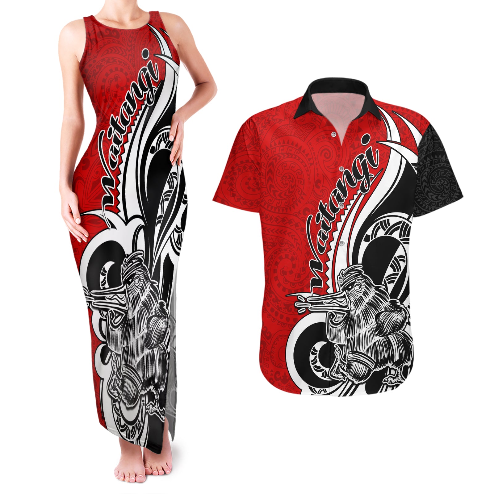 New Zealand Waitangi Day Couples Matching Tank Maxi Dress and Hawaiian Shirt Aotearoa Te Tiriti O Waitangi Kiwi Red Version LT01 Red - Polynesian Pride