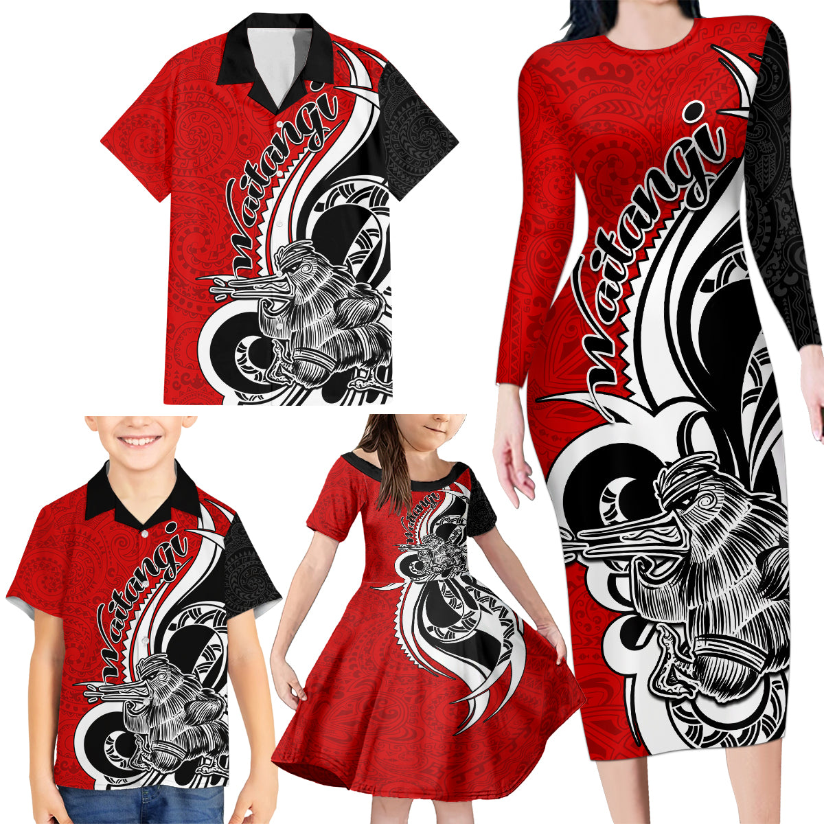 New Zealand Waitangi Day Family Matching Long Sleeve Bodycon Dress and Hawaiian Shirt Aotearoa Te Tiriti O Waitangi Kiwi Red Version LT01 - Polynesian Pride