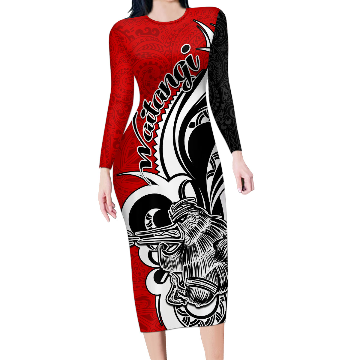 New Zealand Waitangi Day Family Matching Long Sleeve Bodycon Dress and Hawaiian Shirt Aotearoa Te Tiriti O Waitangi Kiwi Red Version LT01 Mom's Dress Red - Polynesian Pride