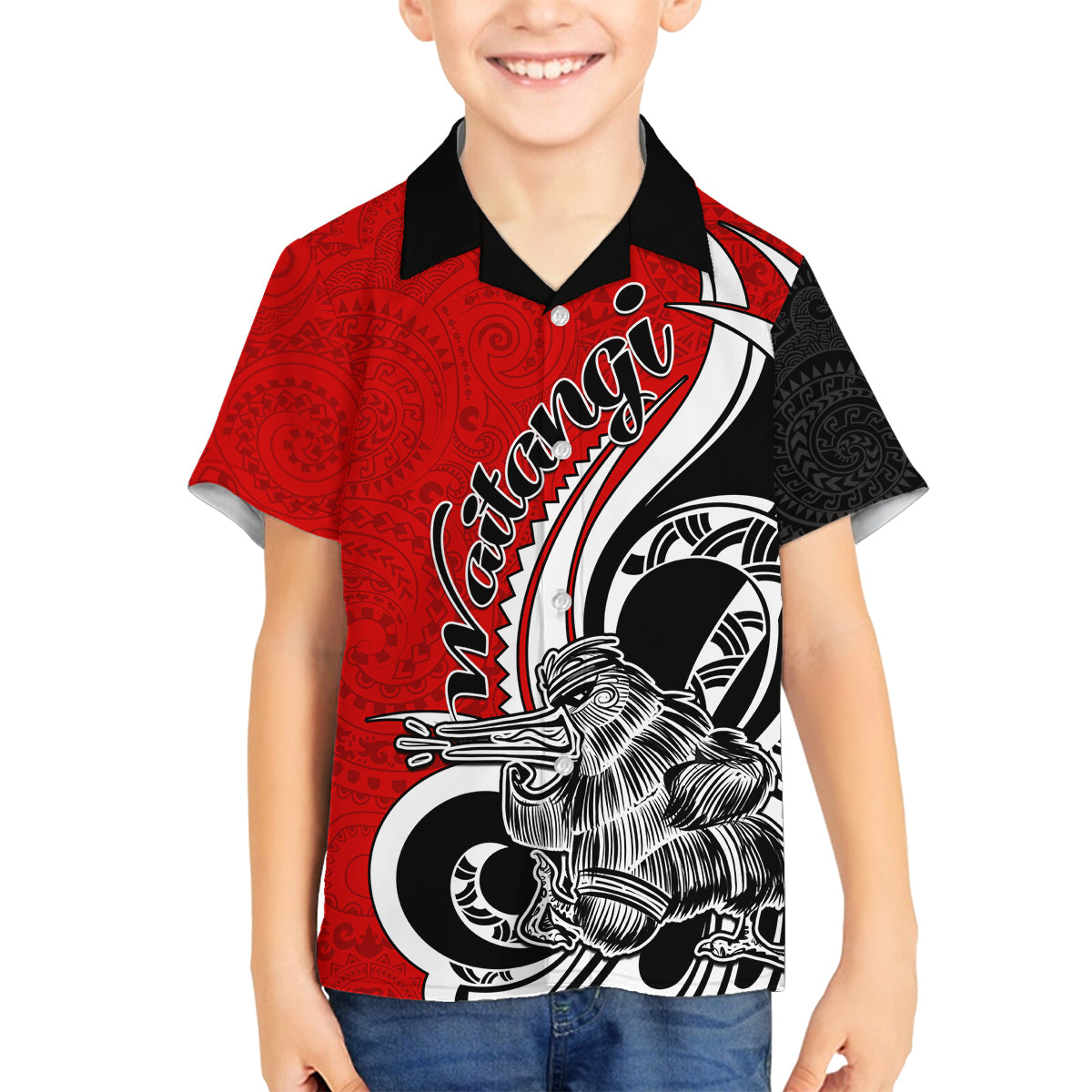 New Zealand Waitangi Day Family Matching Long Sleeve Bodycon Dress and Hawaiian Shirt Aotearoa Te Tiriti O Waitangi Kiwi Red Version LT01 Son's Shirt Red - Polynesian Pride