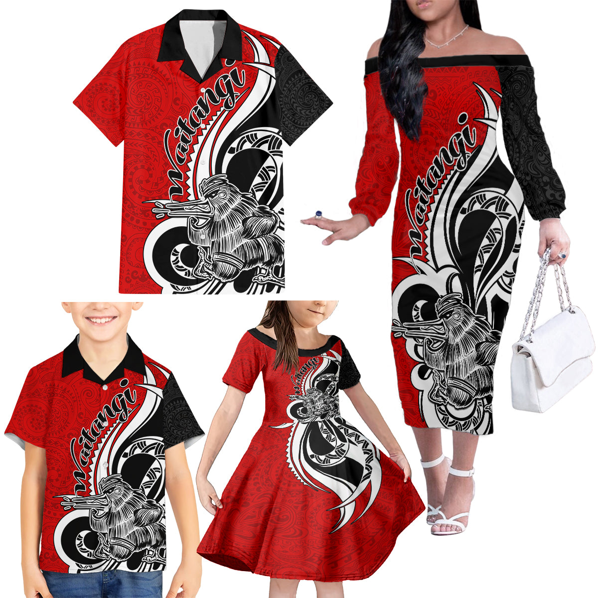 New Zealand Waitangi Day Family Matching Off Shoulder Long Sleeve Dress and Hawaiian Shirt Aotearoa Te Tiriti O Waitangi Kiwi Red Version LT01 - Polynesian Pride