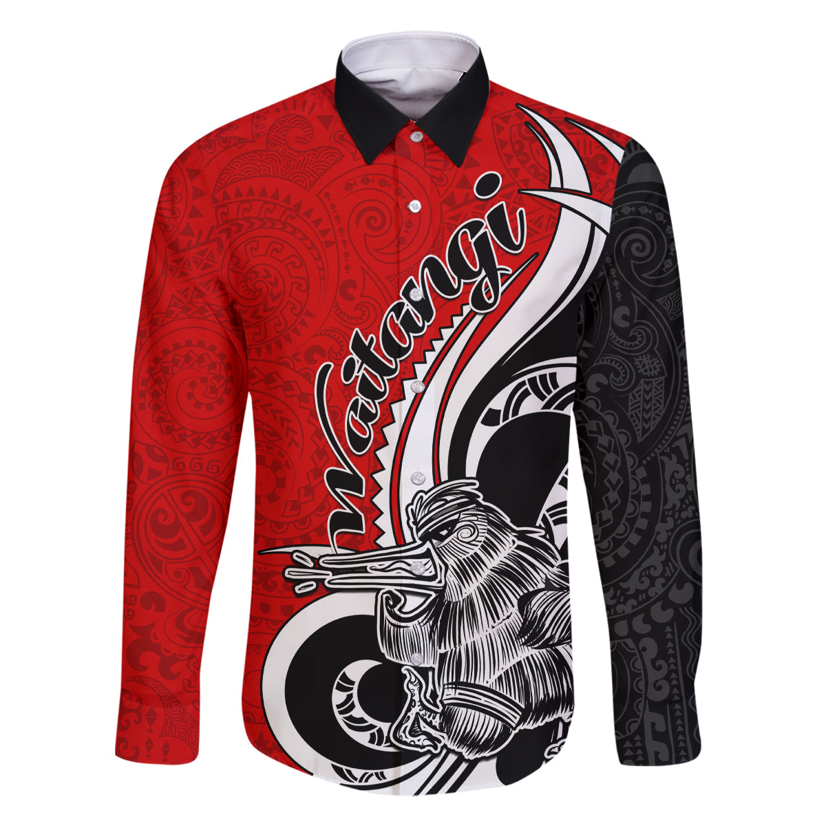 New Zealand Waitangi Day Family Matching Off Shoulder Long Sleeve Dress and Hawaiian Shirt Aotearoa Te Tiriti O Waitangi Kiwi Red Version LT01 Dad's Shirt - Long Sleeve Red - Polynesian Pride