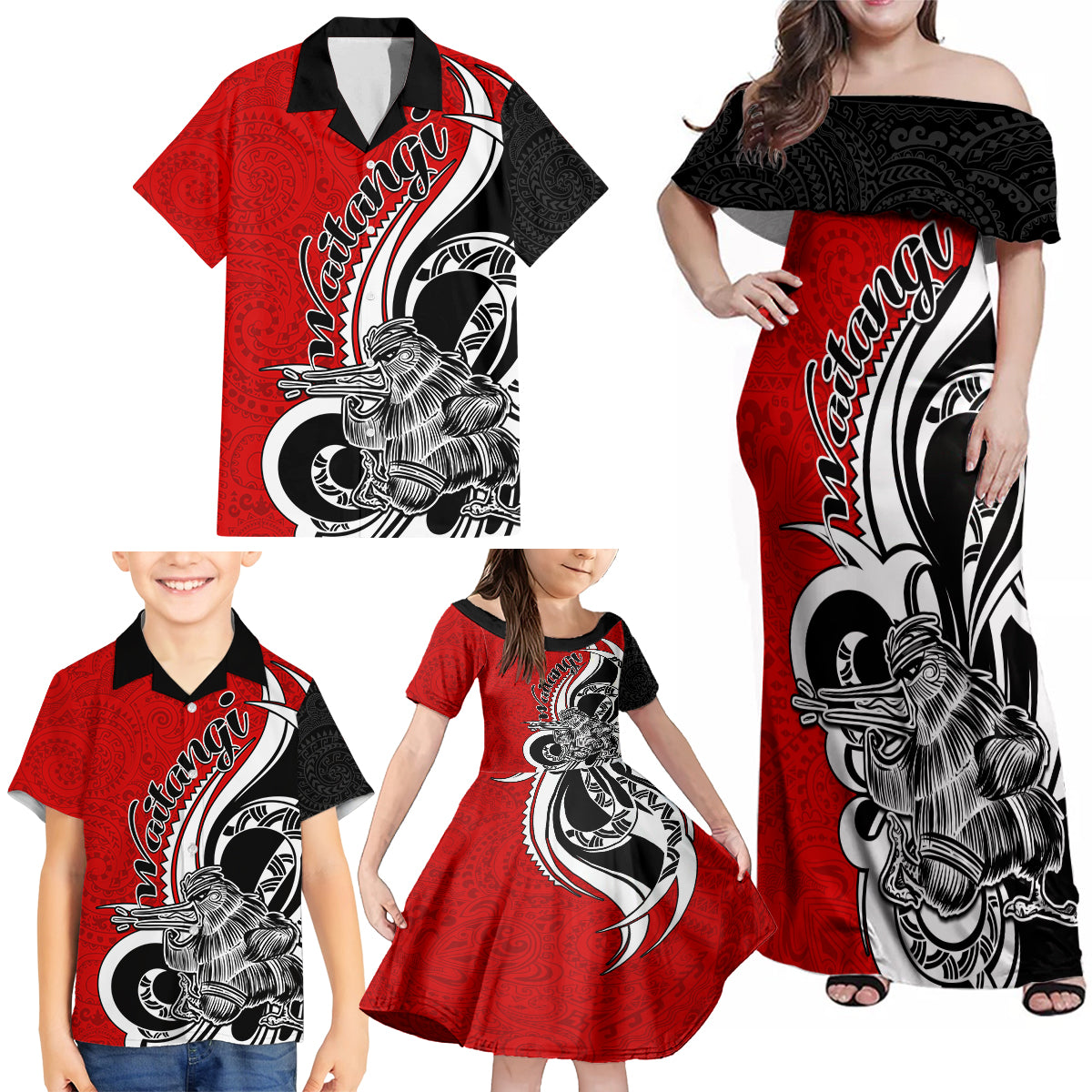 New Zealand Waitangi Day Family Matching Off Shoulder Maxi Dress and Hawaiian Shirt Aotearoa Te Tiriti O Waitangi Kiwi Red Version LT01 - Polynesian Pride