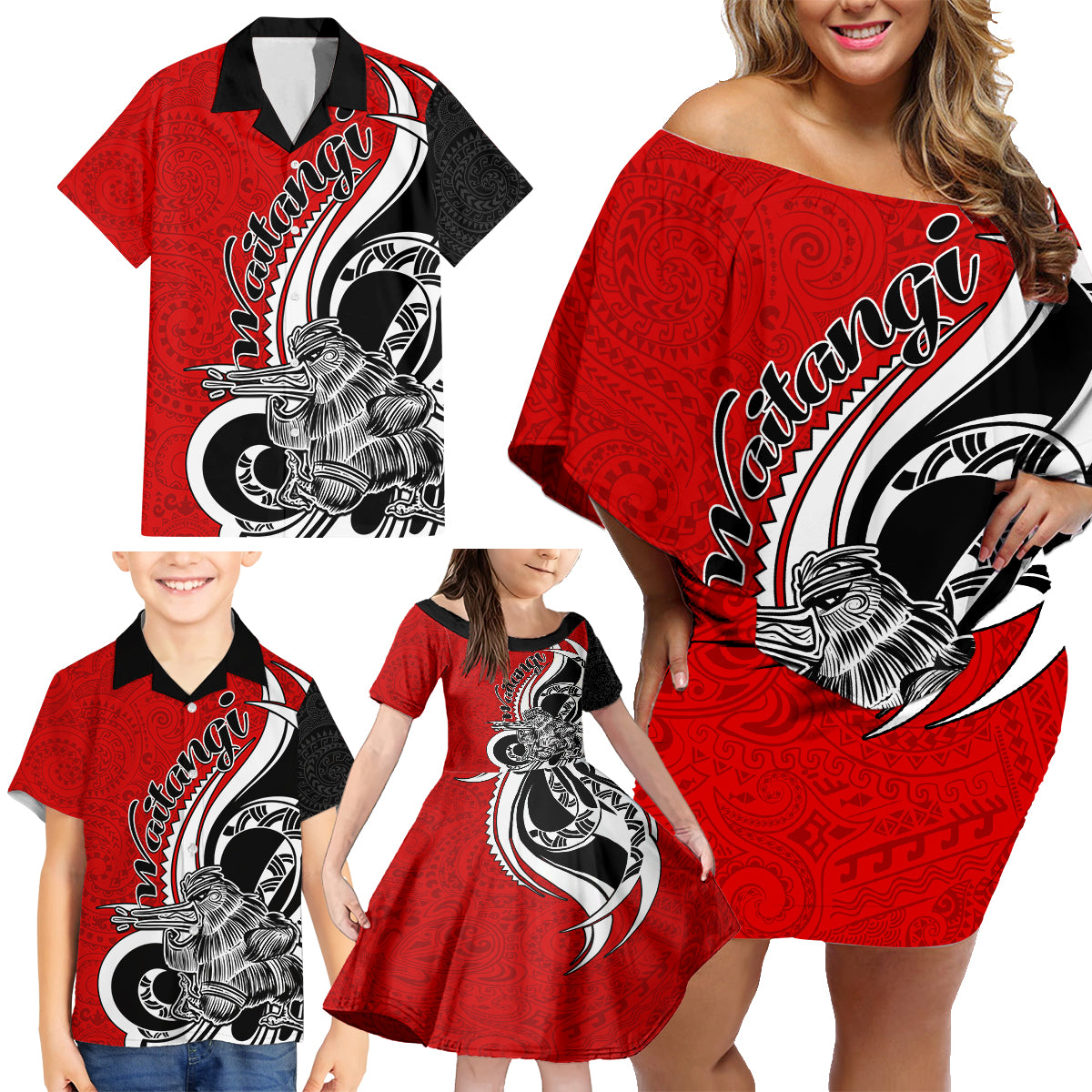 New Zealand Waitangi Day Family Matching Off Shoulder Short Dress and Hawaiian Shirt Aotearoa Te Tiriti O Waitangi Kiwi Red Version LT01 - Polynesian Pride