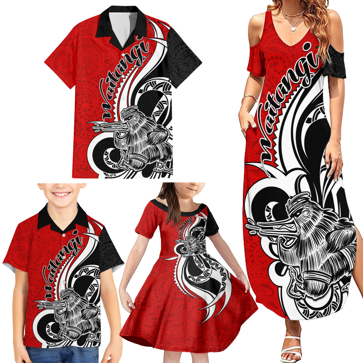 New Zealand Waitangi Day Family Matching Summer Maxi Dress and Hawaiian Shirt Aotearoa Te Tiriti O Waitangi Kiwi Red Version LT01 - Polynesian Pride