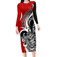 New Zealand Waitangi Day Long Sleeve Bodycon Dress Aotearoa Te Tiriti O Waitangi Kiwi Red Version LT01 Long Dress Red - Polynesian Pride