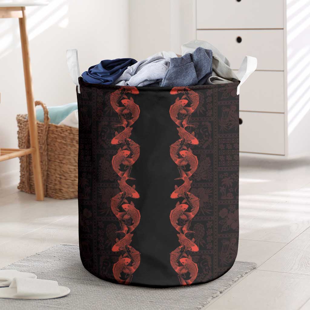 Hawaii Japan Koi Fish Red Laundry Basket Tapa Pattern - Polynesian Pride