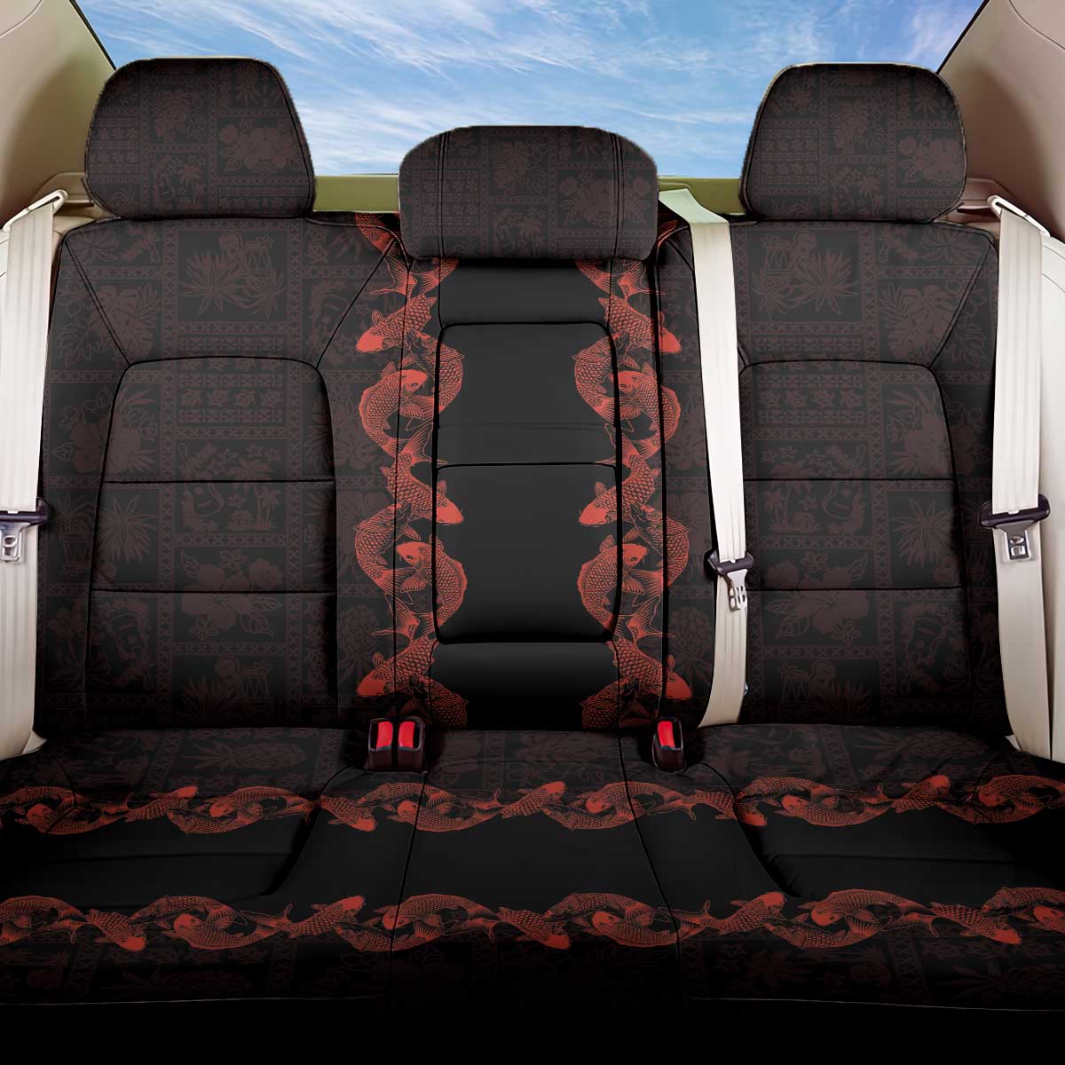 Hawaii Japan Koi Fish Red Back Car Seat Cover Tapa Pattern - Polynesian Pride