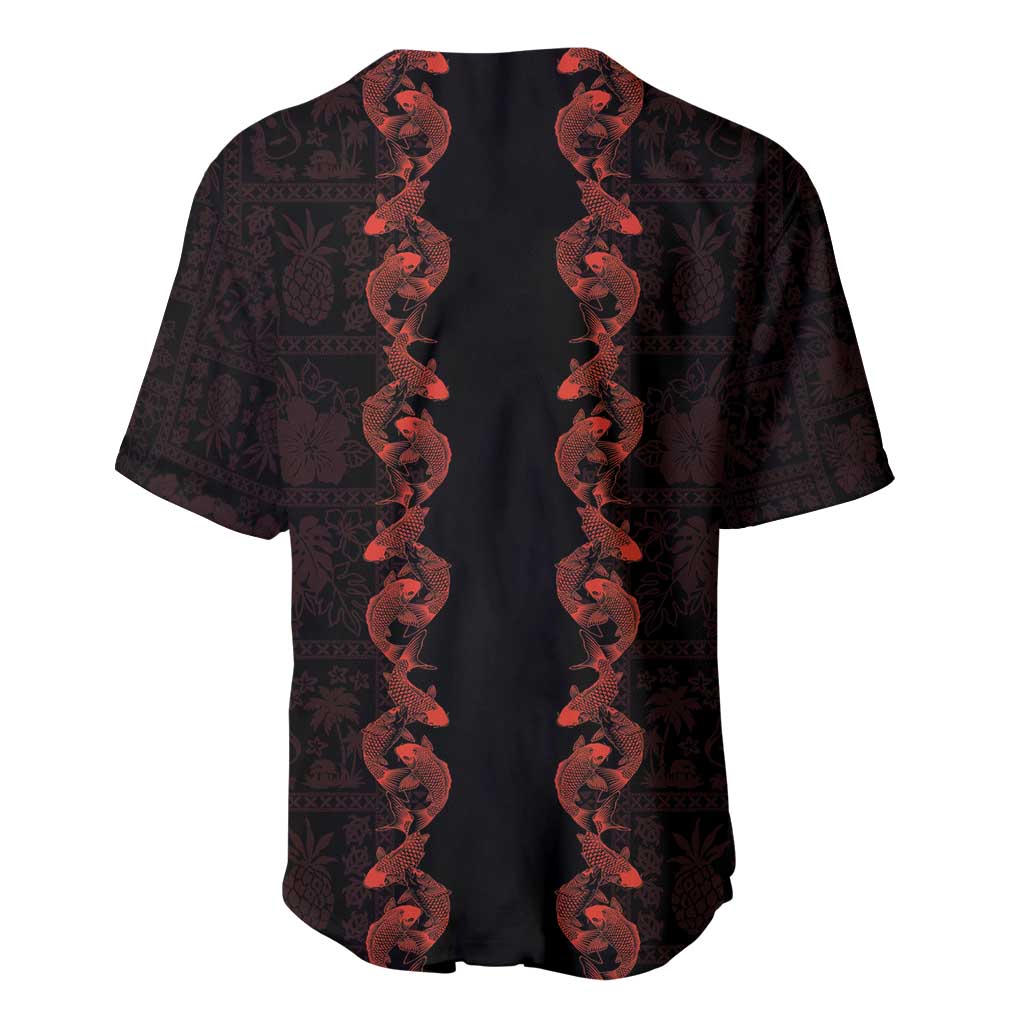 Hawaii Japan Koi Fish Red Baseball Jersey Tapa Pattern - Polynesian Pride