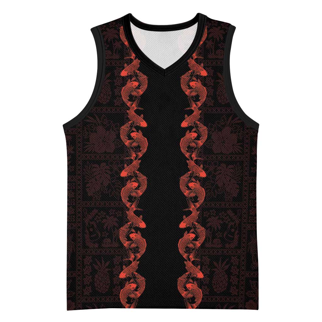 Hawaii Japan Koi Fish Red Basketball Jersey Tapa Pattern - Polynesian Pride