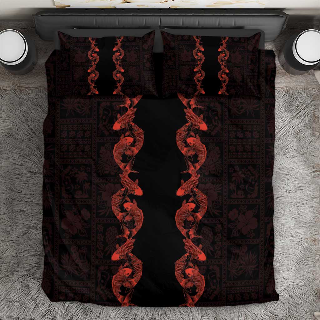Hawaii Japan Koi Fish Red Bedding Set Tapa Pattern - Polynesian Pride