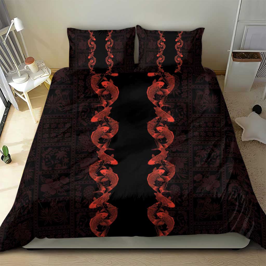 Hawaii Japan Koi Fish Red Bedding Set Tapa Pattern - Polynesian Pride
