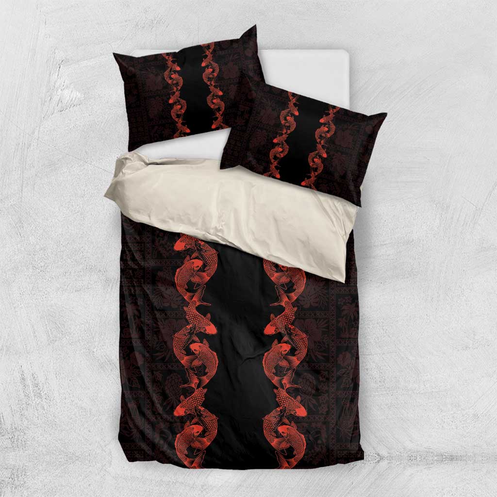 Hawaii Japan Koi Fish Red Bedding Set Tapa Pattern - Polynesian Pride