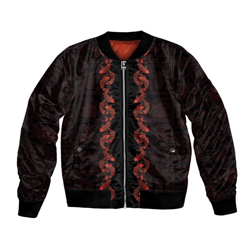Hawaii Japan Koi Fish Red Bomber Jacket Tapa Pattern - Polynesian Pride