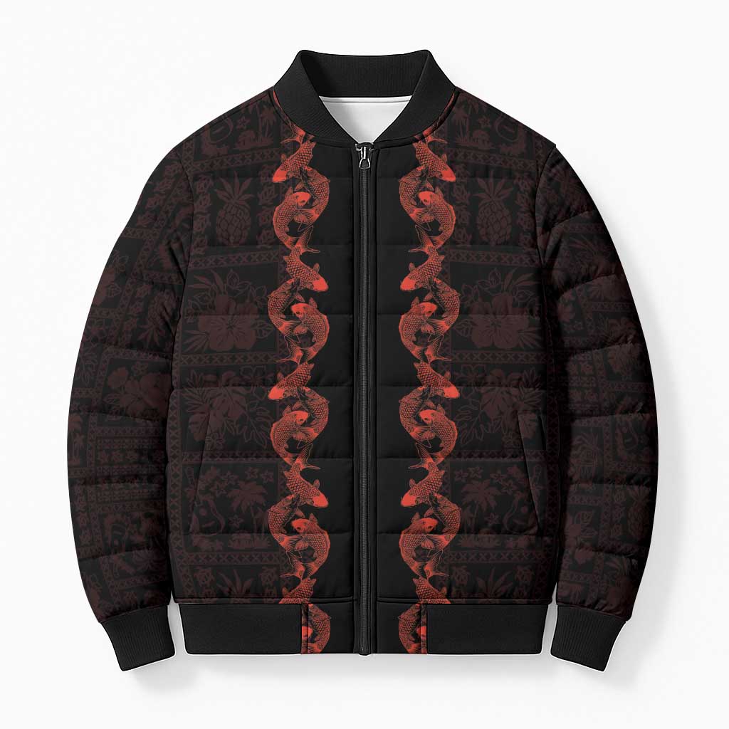 Hawaii Japan Koi Fish Red Bomber Puffer Jacket Tapa Pattern - Polynesian Pride