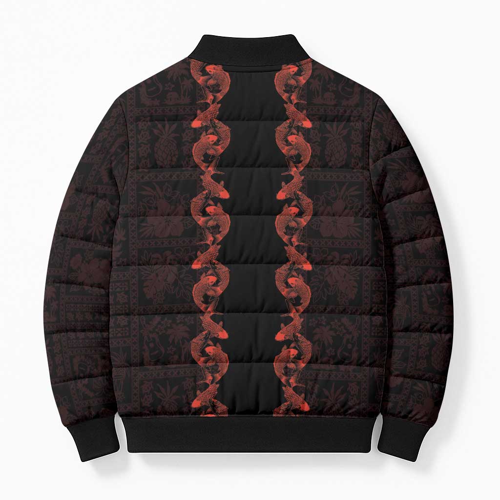 Hawaii Japan Koi Fish Red Bomber Puffer Jacket Tapa Pattern - Polynesian Pride