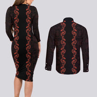 Hawaii Japan Koi Fish Red Couples Matching Long Sleeve Bodycon Dress and Long Sleeve Button Shirt Tapa Pattern - Polynesian Pride