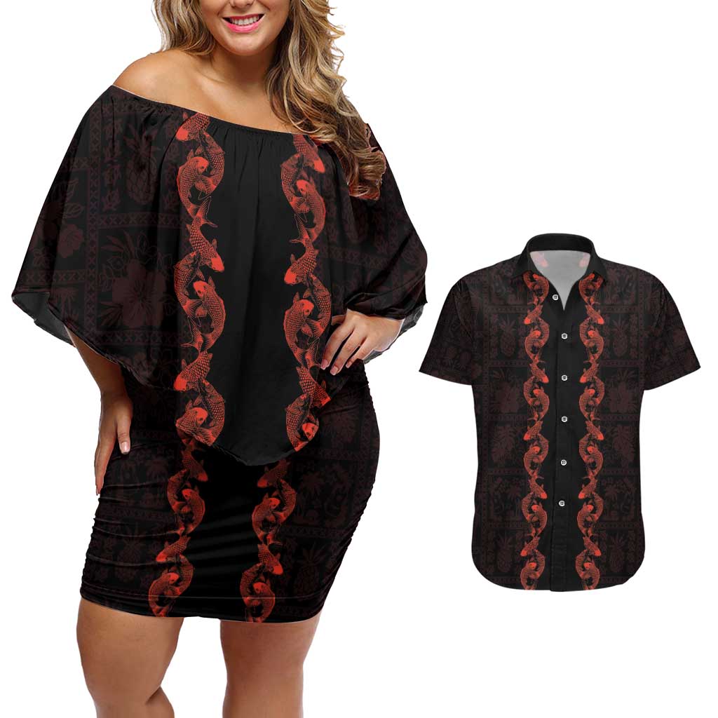 Hawaii Japan Koi Fish Red Couples Matching Off Shoulder Short Dress and Hawaiian Shirt Tapa Pattern - Polynesian Pride