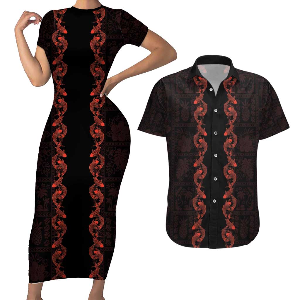 Hawaii Japan Koi Fish Red Couples Matching Short Sleeve Bodycon Dress and Hawaiian Shirt Tapa Pattern - Polynesian Pride
