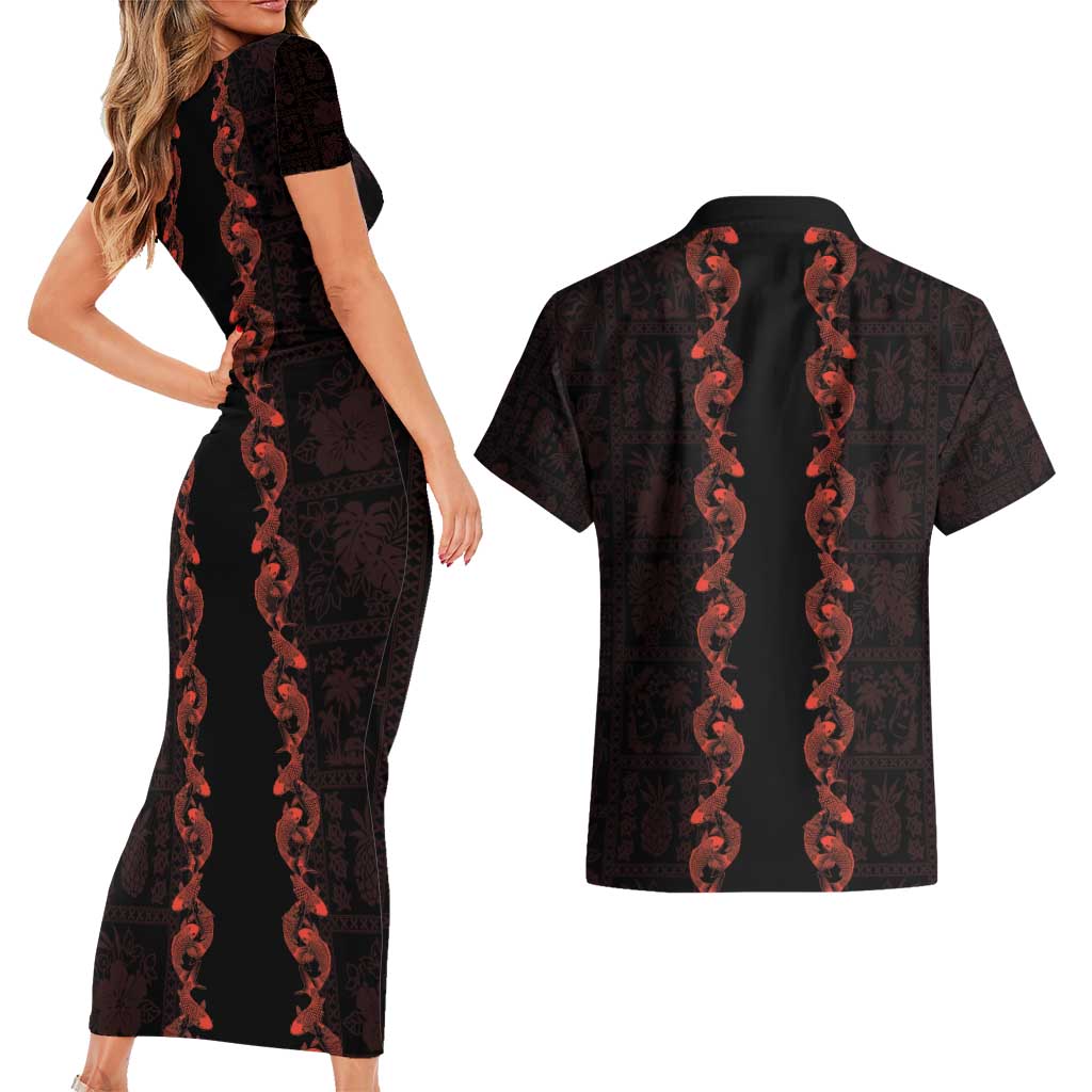 Hawaii Japan Koi Fish Red Couples Matching Short Sleeve Bodycon Dress and Hawaiian Shirt Tapa Pattern - Polynesian Pride