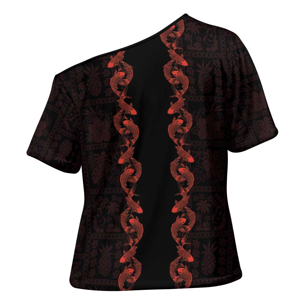 Hawaii Japan Koi Fish Red Cross Shoulder Shirt Tapa Pattern - Polynesian Pride
