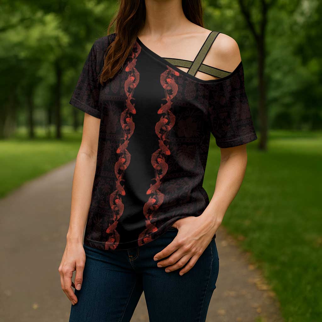 Hawaii Japan Koi Fish Red Cross Shoulder Shirt Tapa Pattern - Polynesian Pride