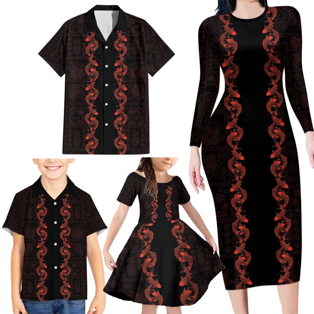Hawaii Japan Koi Fish Red Family Matching Long Sleeve Bodycon Dress and Hawaiian Shirt Tapa Pattern - Polynesian Pride