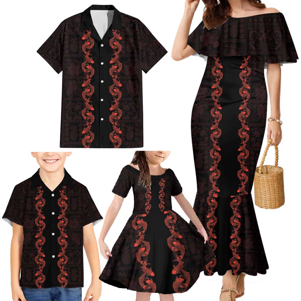 Hawaii Japan Koi Fish Red Family Matching Mermaid Dress and Hawaiian Shirt Tapa Pattern - Polynesian Pride