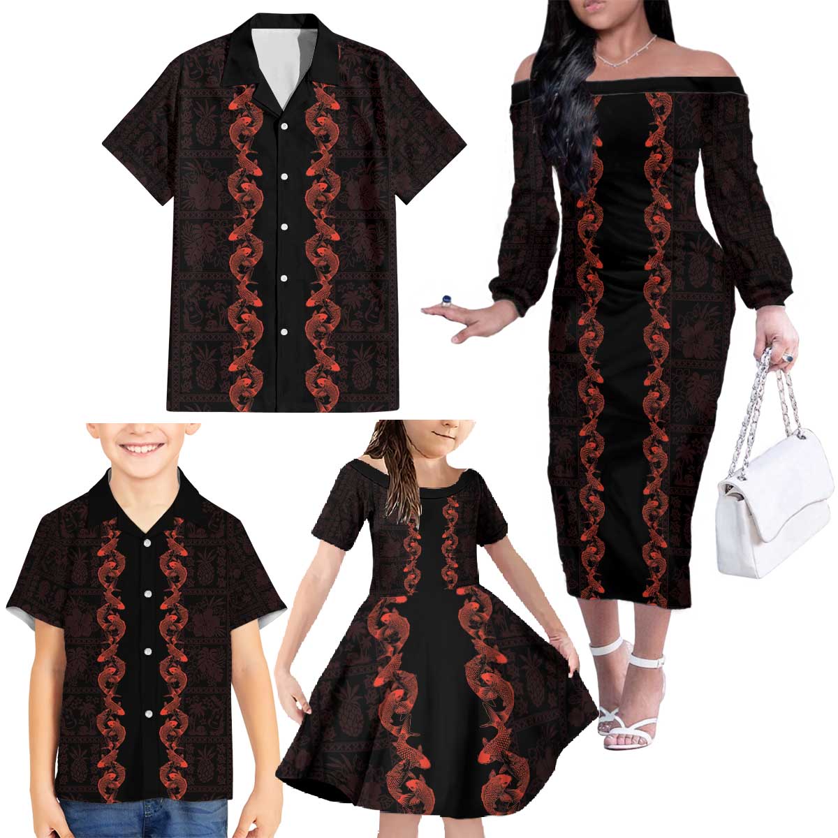 Hawaii Japan Koi Fish Red Family Matching Off The Shoulder Long Sleeve Dress and Hawaiian Shirt Tapa Pattern - Polynesian Pride