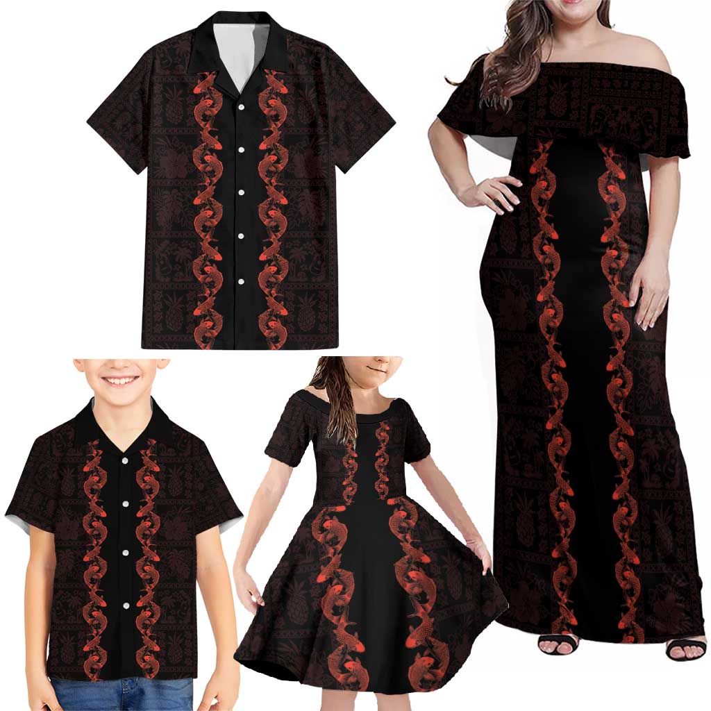 Hawaii Japan Koi Fish Red Family Matching Off Shoulder Maxi Dress and Hawaiian Shirt Tapa Pattern - Polynesian Pride