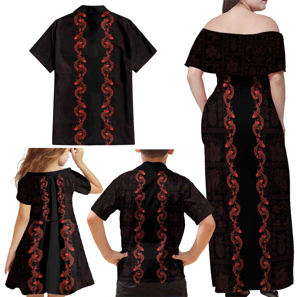 Hawaii Japan Koi Fish Red Family Matching Off Shoulder Maxi Dress and Hawaiian Shirt Tapa Pattern - Polynesian Pride